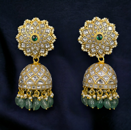 Regal Floral White Jadau Kundan Jhumkas with Emerald Beads