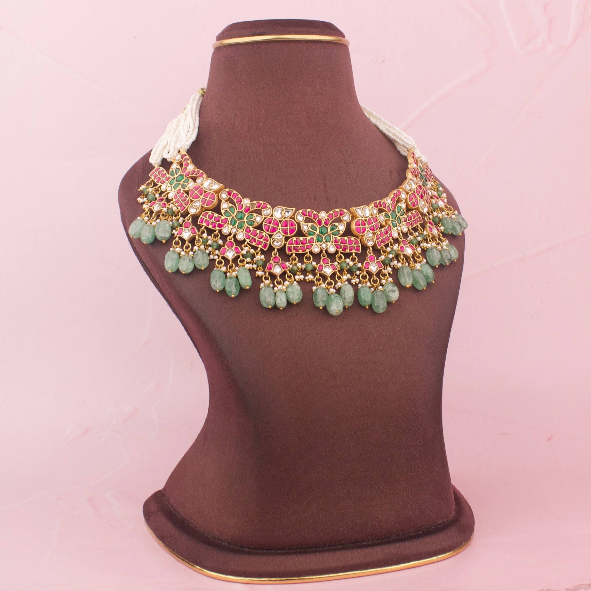 Close-Up Detail View of Grand Festive Design Jadau Kundan Short Beads Choker with Green Beads | Dulhan Jewels