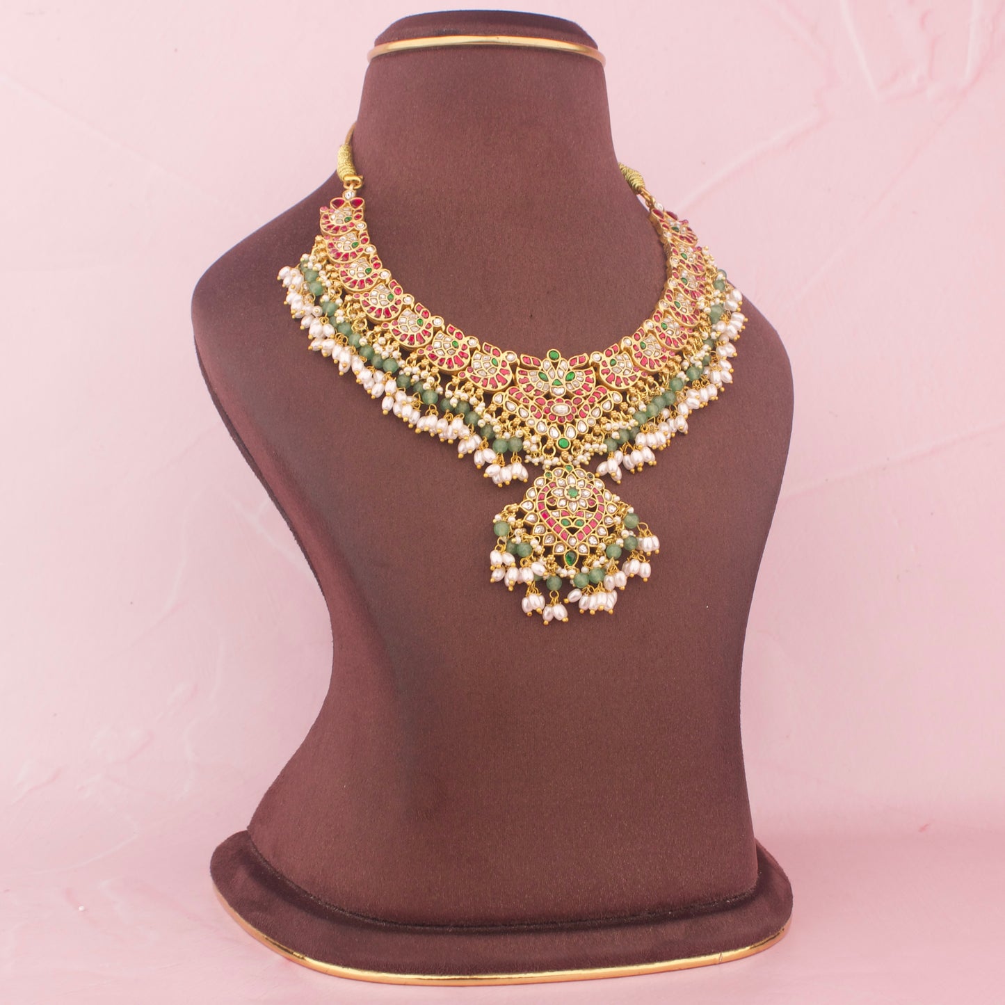 Elegant Jadau Kundan Necklace With Rice Pearl Drops