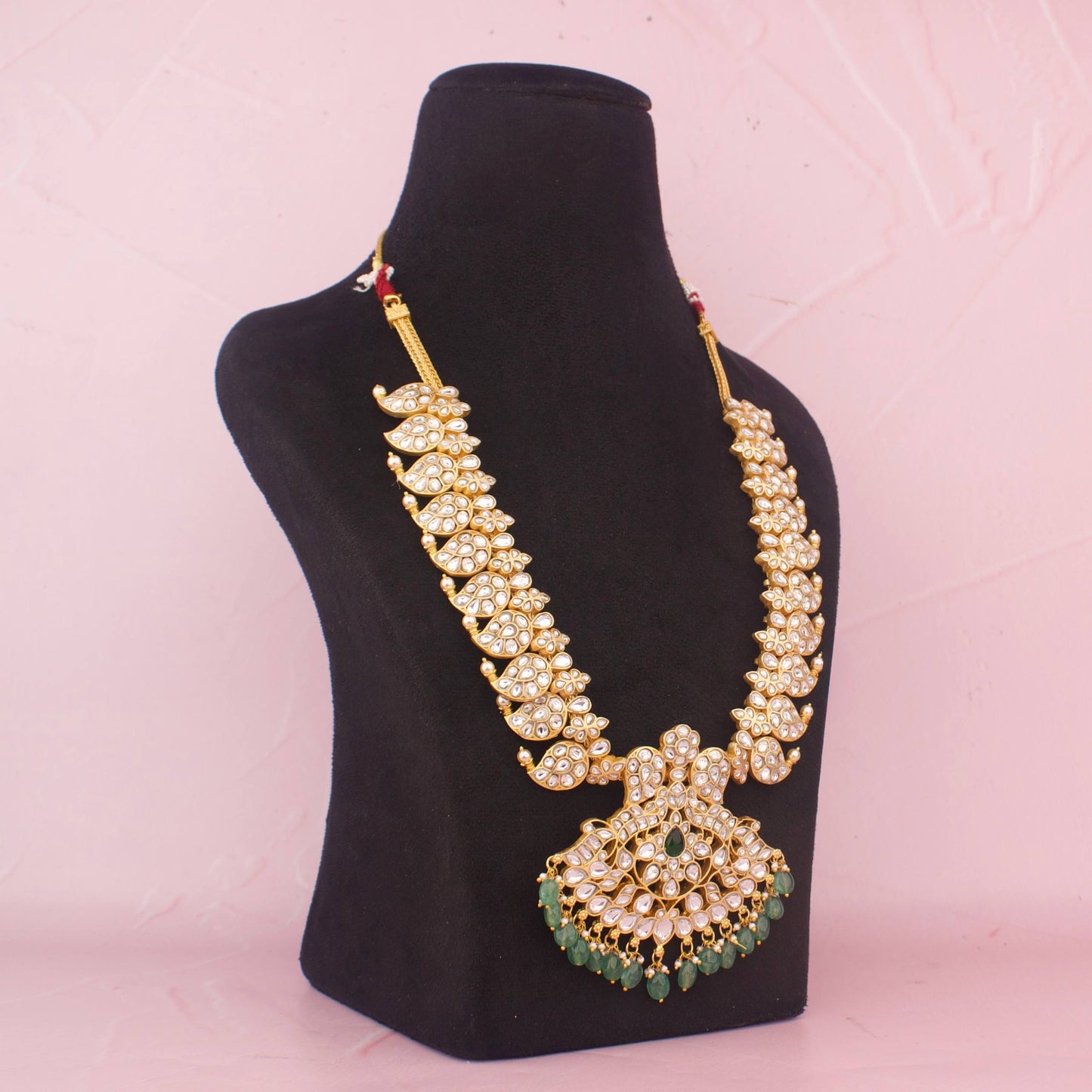 Grand Bridal Jadau Kundan Mango Haram With Green Bead Hangings