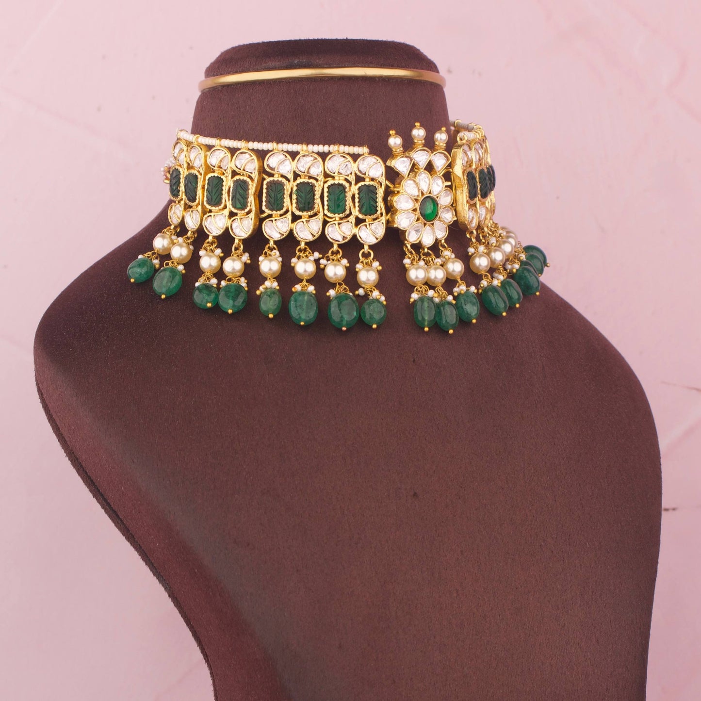 Moissanite Choker With Floral Center And Elegant Pearl Hangings