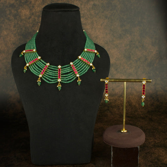 Emerald Enchantment Jadau Kundan Beads Necklace Set