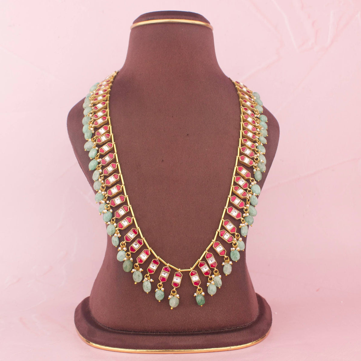 Jadau Kundan Long Necklace With Green Drops