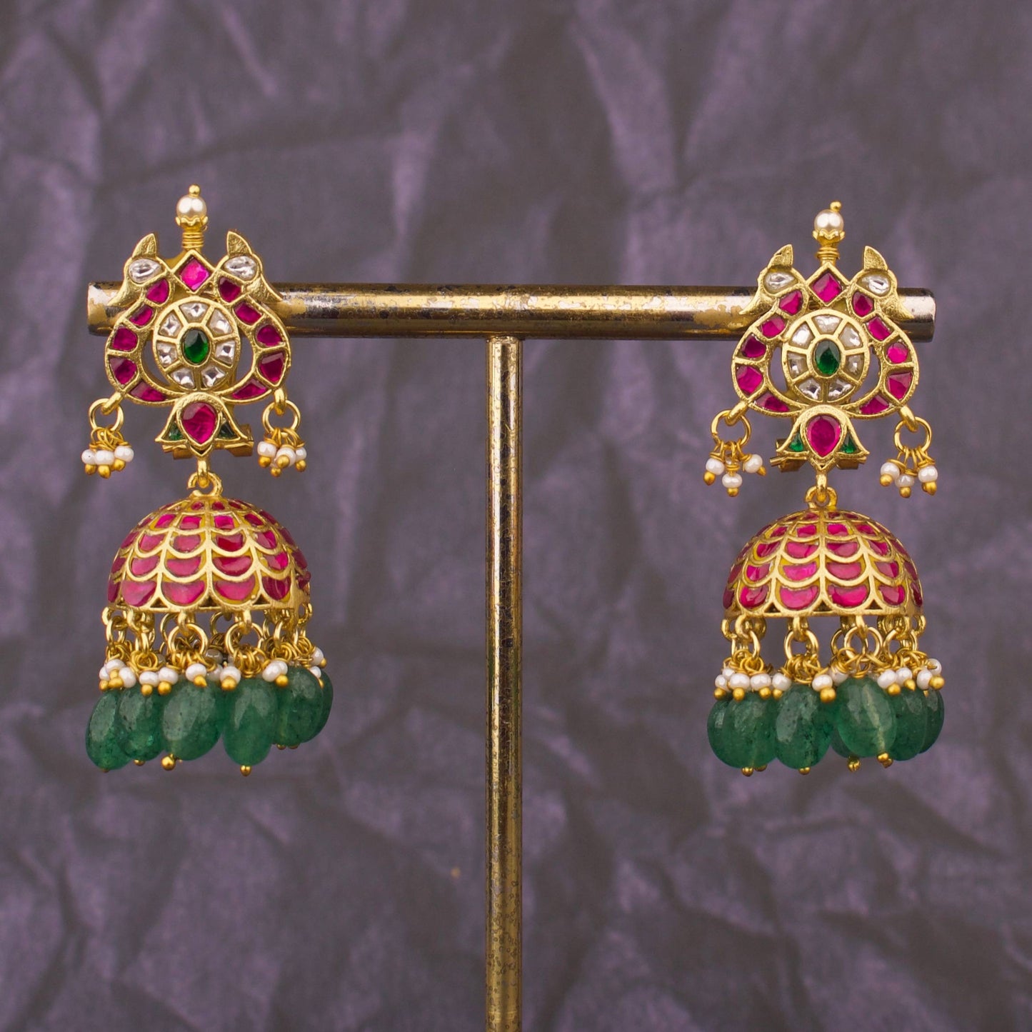 Royal Jadau Kundan Jhumki Earrings With Emerald Green Beads