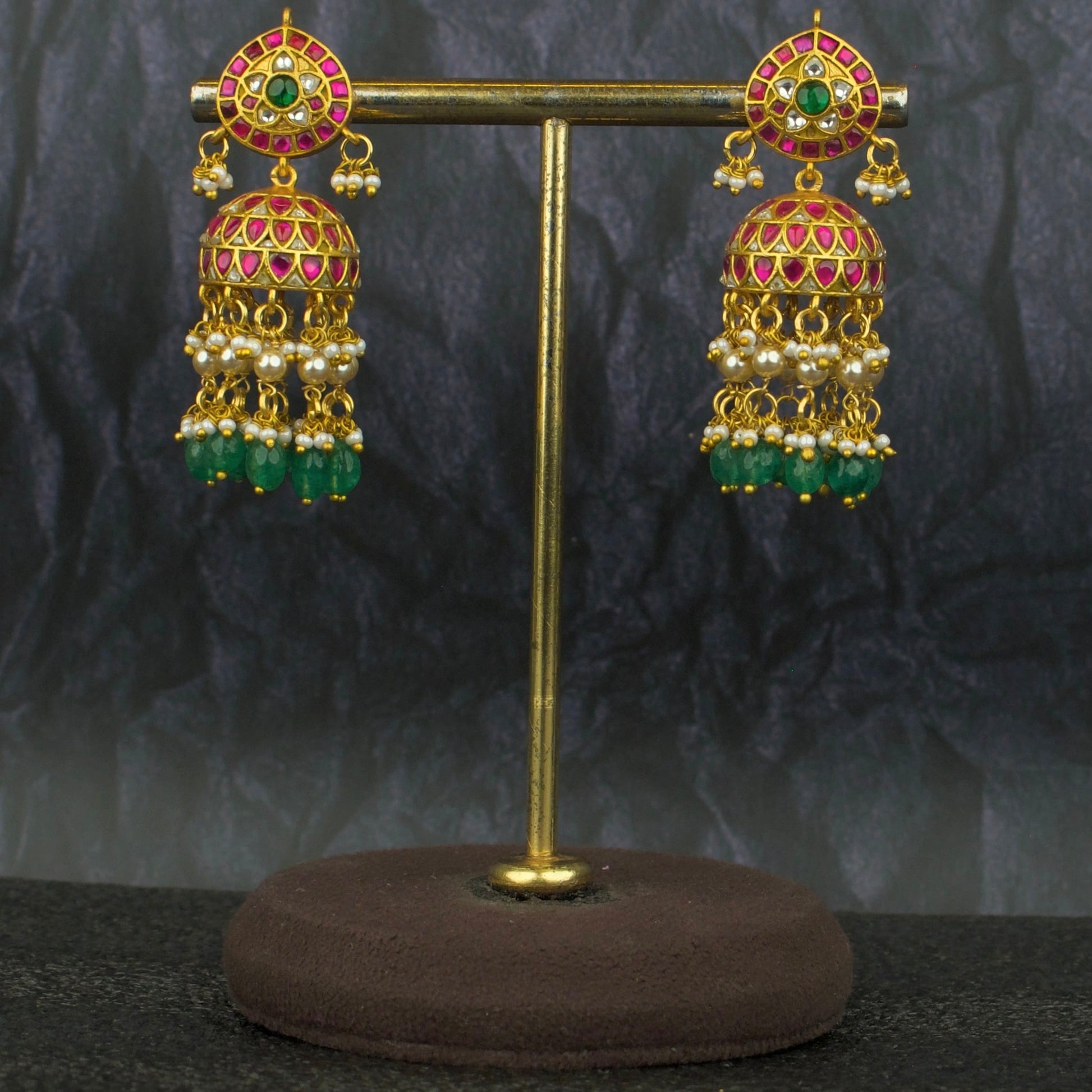 Charming Jadau Kundan Jhumki With Swarovski Pearl & Beads Hanging - DULHAN JEWELS