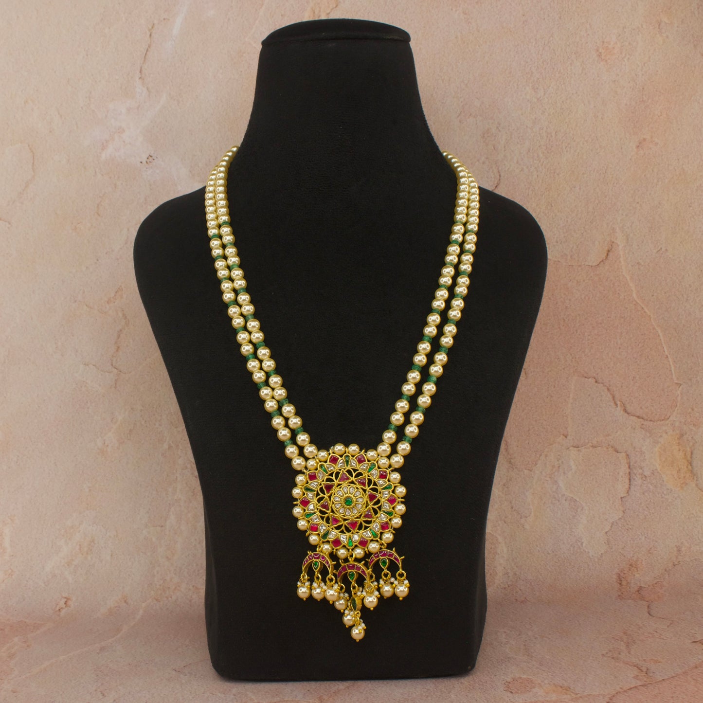 Elegant Jadau Kundan Beads Mala with Pearl and Green Beads