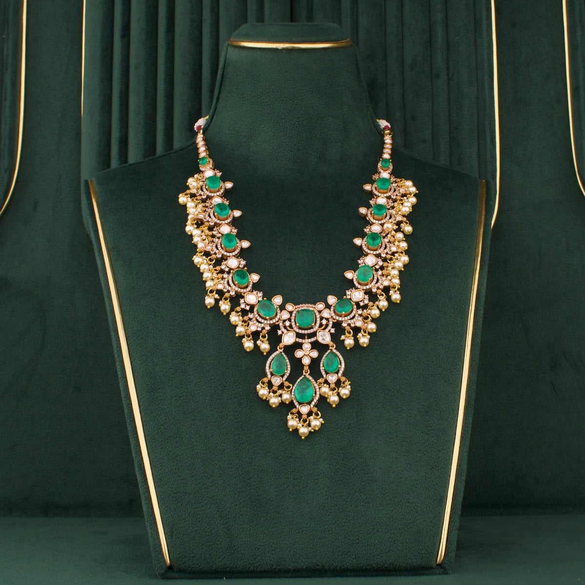 Elegant Emerald Victorian Necklace With Pearl Drops And Matching Earrings Craftsmanship & Detail View - Dulhan Jewels