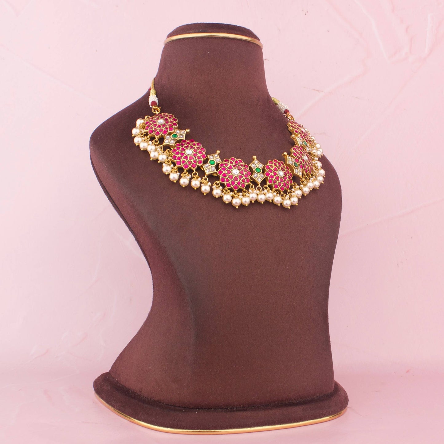 Elegant Floral Jadau Kundan Necklace With Pearl Drops