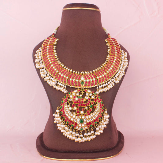 Bridal Jadau Kundan Necklace With Pearl Guttapusalu Detailing