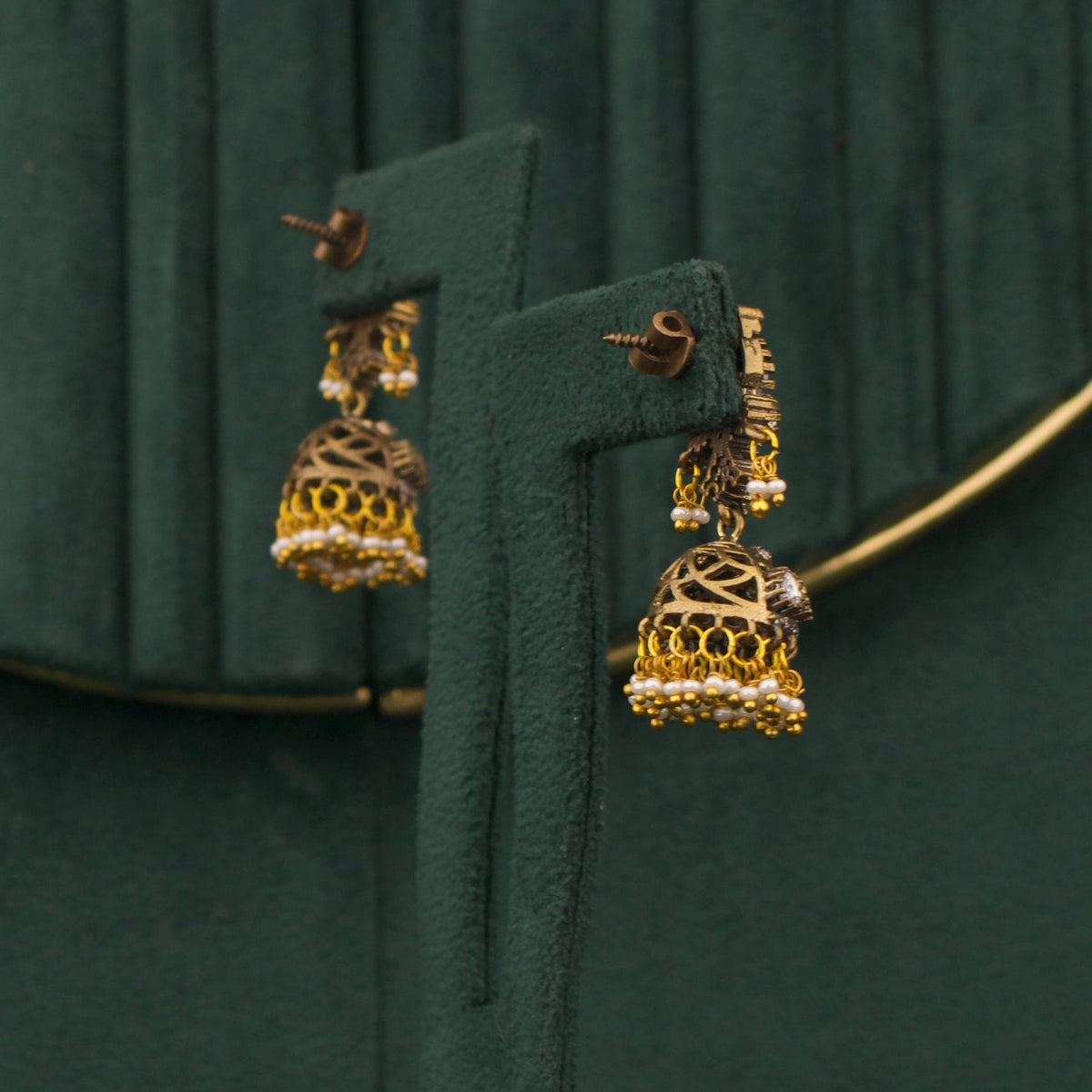 Classic Victorian Jhumki Earrings With White Drops