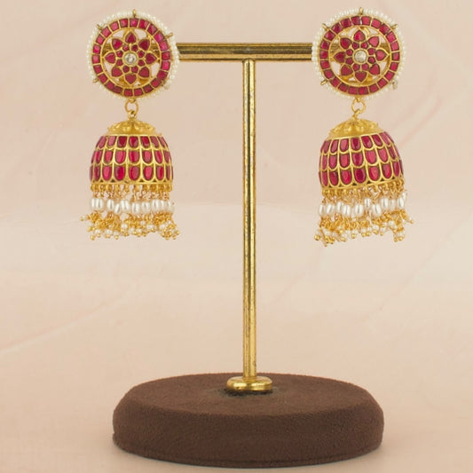 Bridal Floral Design Jadau Kundan Jhumki with Beads Hanging