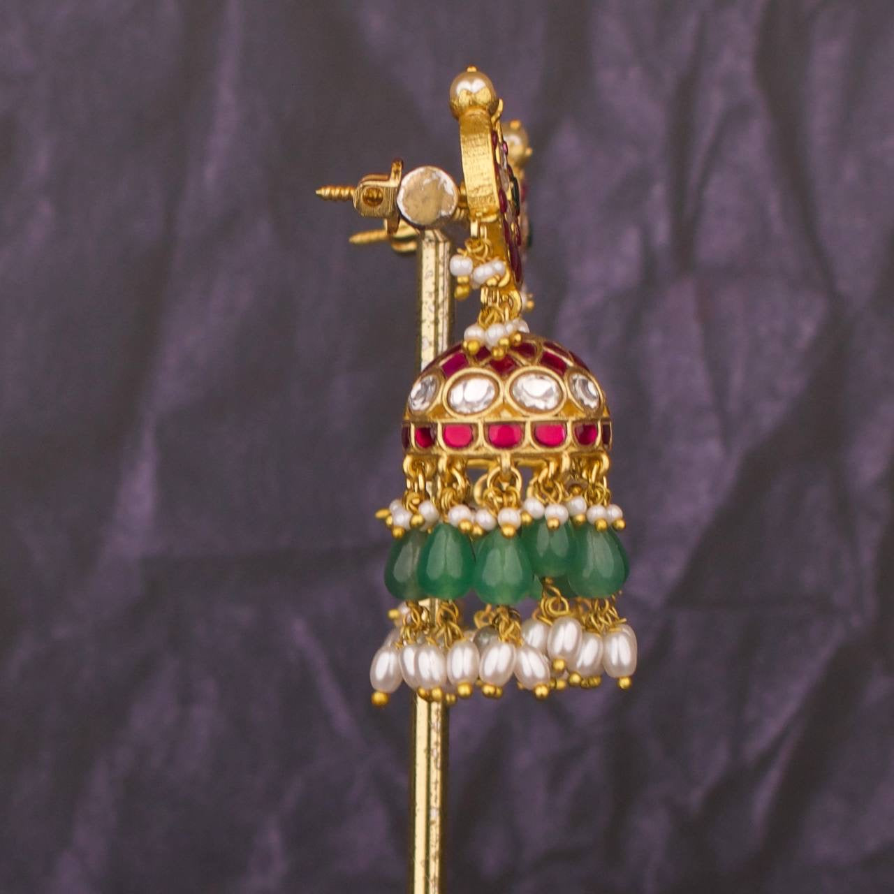 Chand Shaped Jadau Kundan Jhumki With Guttapusalu Hangings
