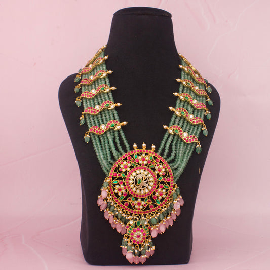 Handmade Jadau Kundan Long Rani Haar With Green Beads & Swarovski Chain