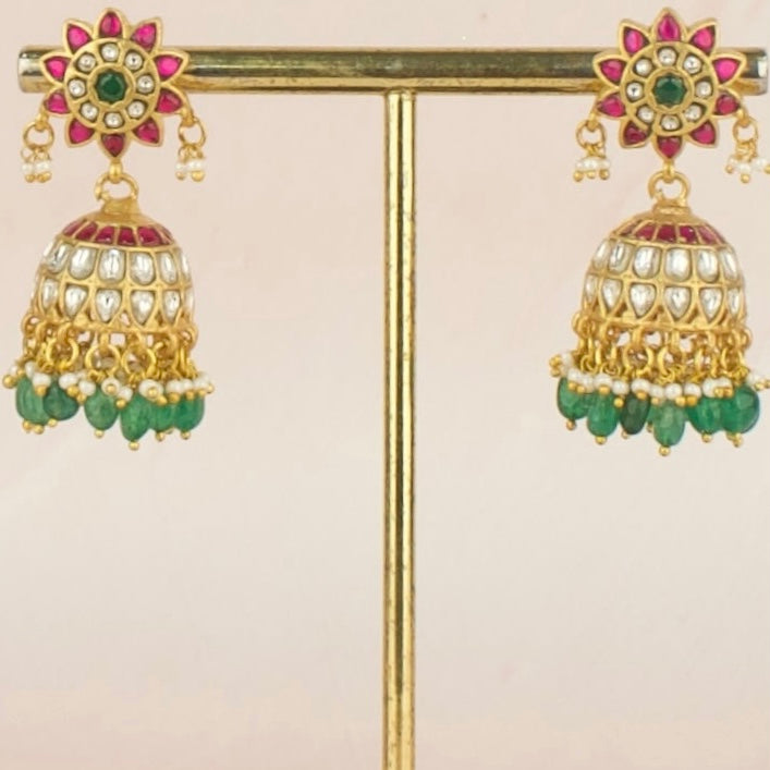 Elegant Floral Studded Jadau Kundan Jhumki with Beads