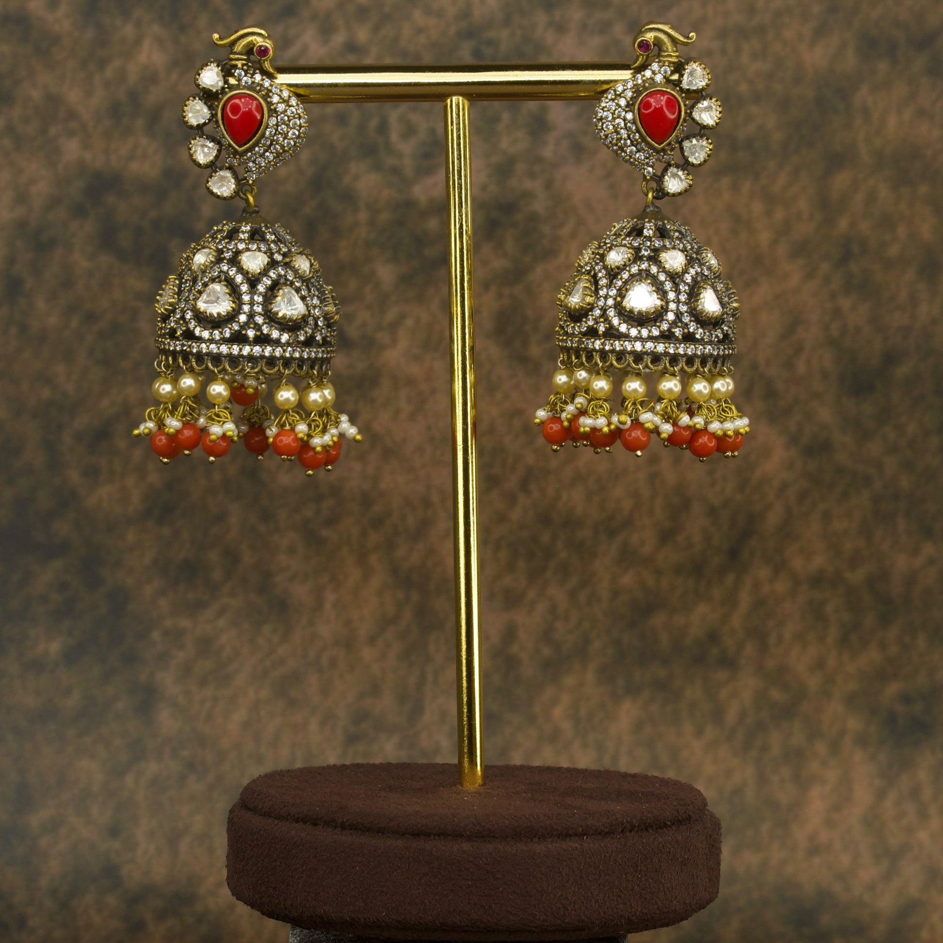 Peacock Studded Victorian Finish Polki Jhumka Earrings