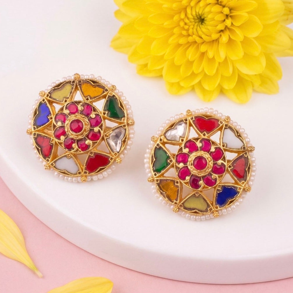 Gold Look Jadau Kundan Navratna Studs