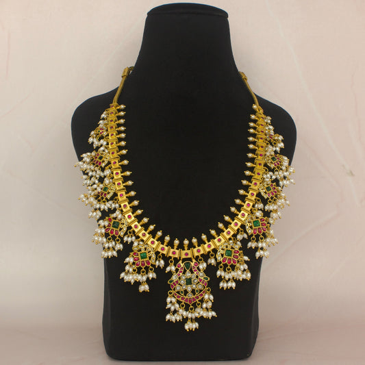 Traditional peacock Ruby emerald Jadau kundan Guttapusalu necklace with 22k gold plating