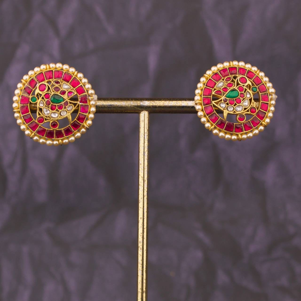 Heritage Jadau Kundan Peacock Stud Earrings With Meenakari Work