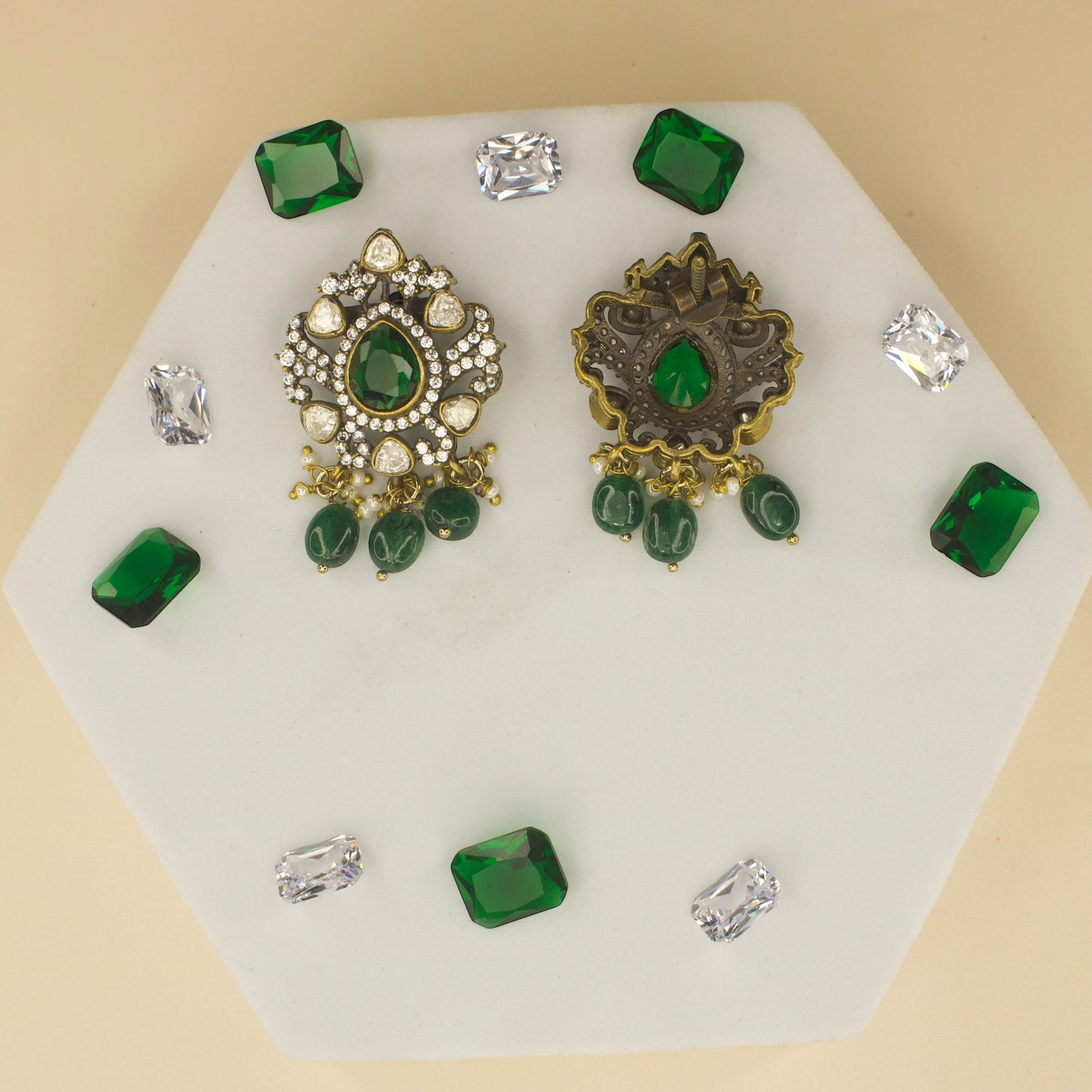 Polki studded Victorian plated studs with high quality victorian finish. available in ruby and green