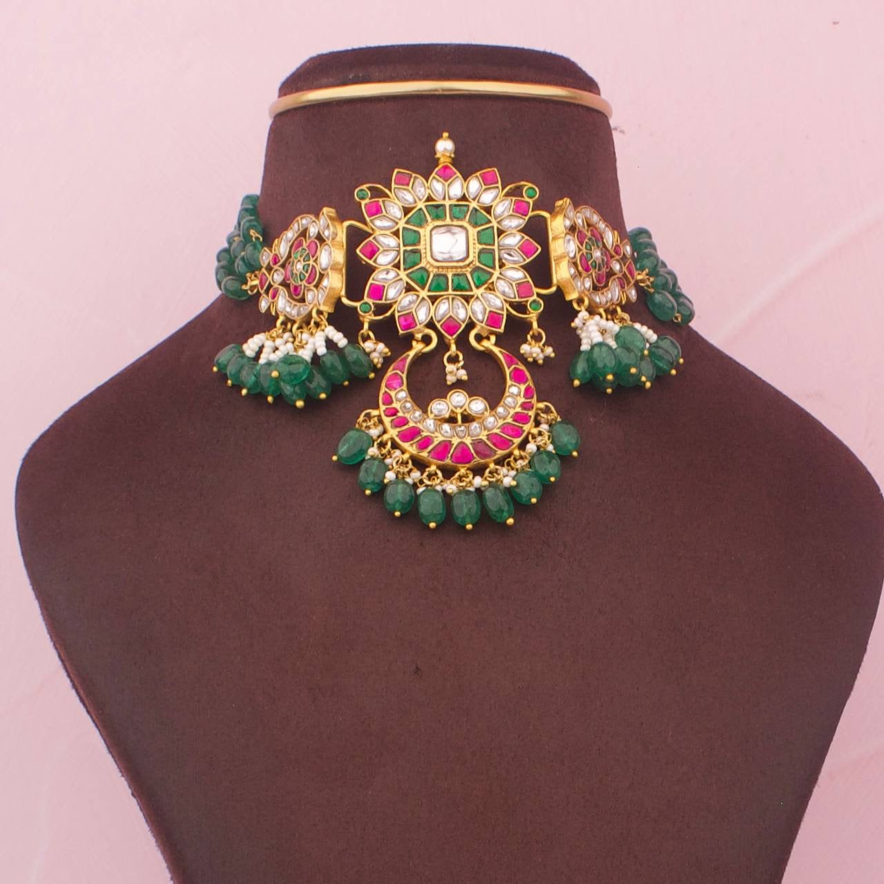 Regal Bridal Kundan Choker with Pearl & Emerald Drops