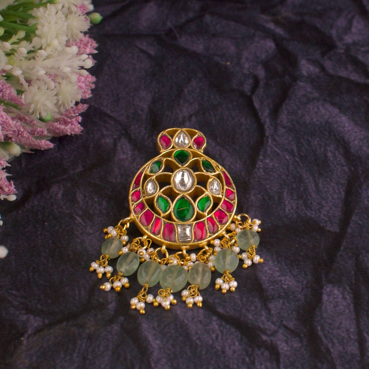 Small Size Jadau Kundan Locket With Guttapusalu Hangings