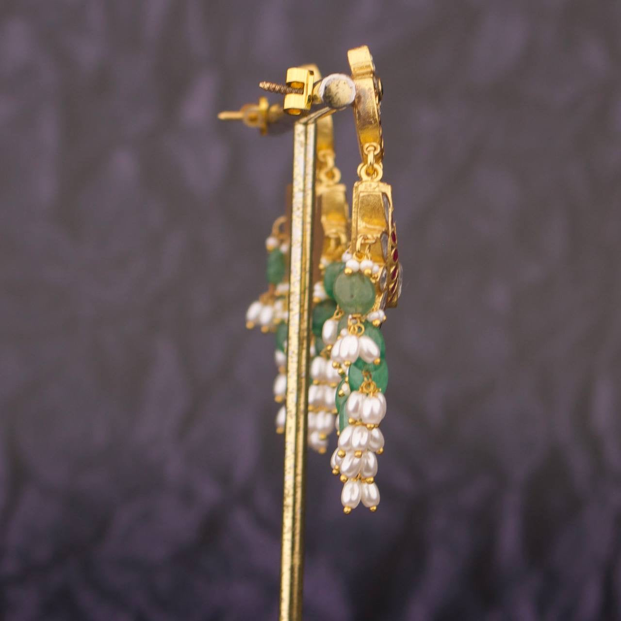 Floral Studded Jadau Kundan Chandbali Earrings With Beads And Ricepearl Hangings