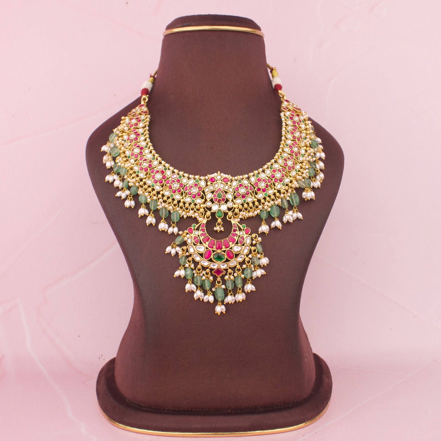 Grand Jadau Kundan Necklace With Ruby Stones And Emerald Drop Pendant