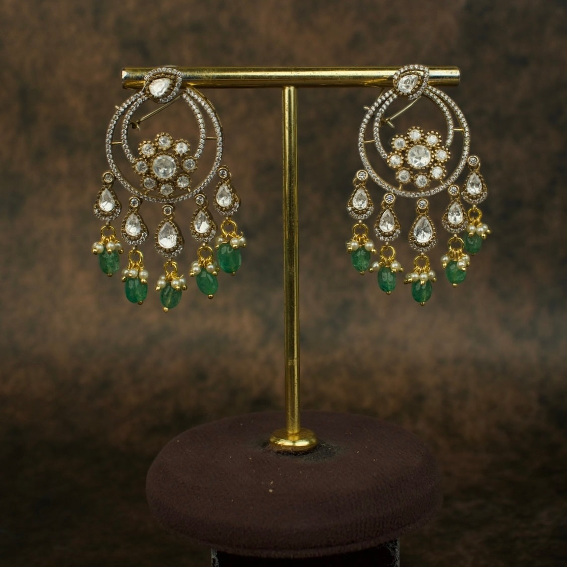 Exquisite Dangling Victorian Polki Chandbali Earrings with Emerald Drops