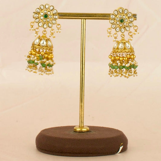 Gold inspired Floral Design Studded Jadau Kundan Jhumki with Beads