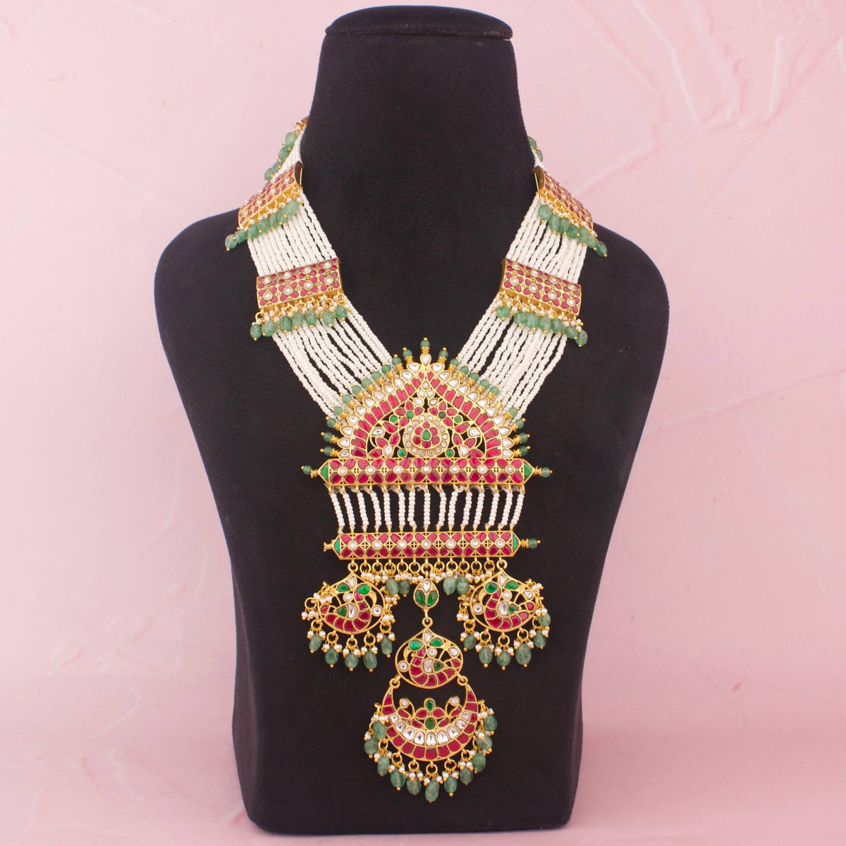 Bridal Jadau Kundan Necklace With White Bead Strands And Statement Pendant