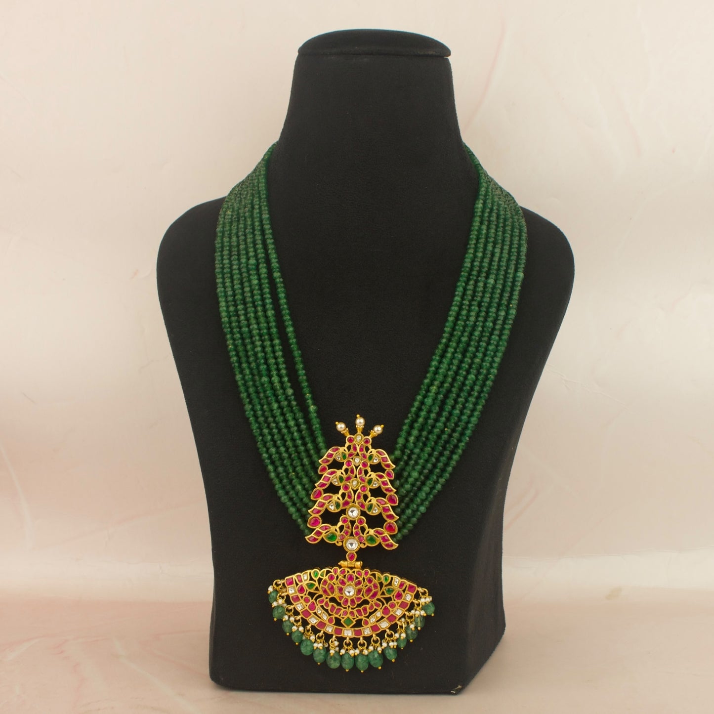 Majestic Jadau Kundan beads Mala With Peacock Step By Step Locket