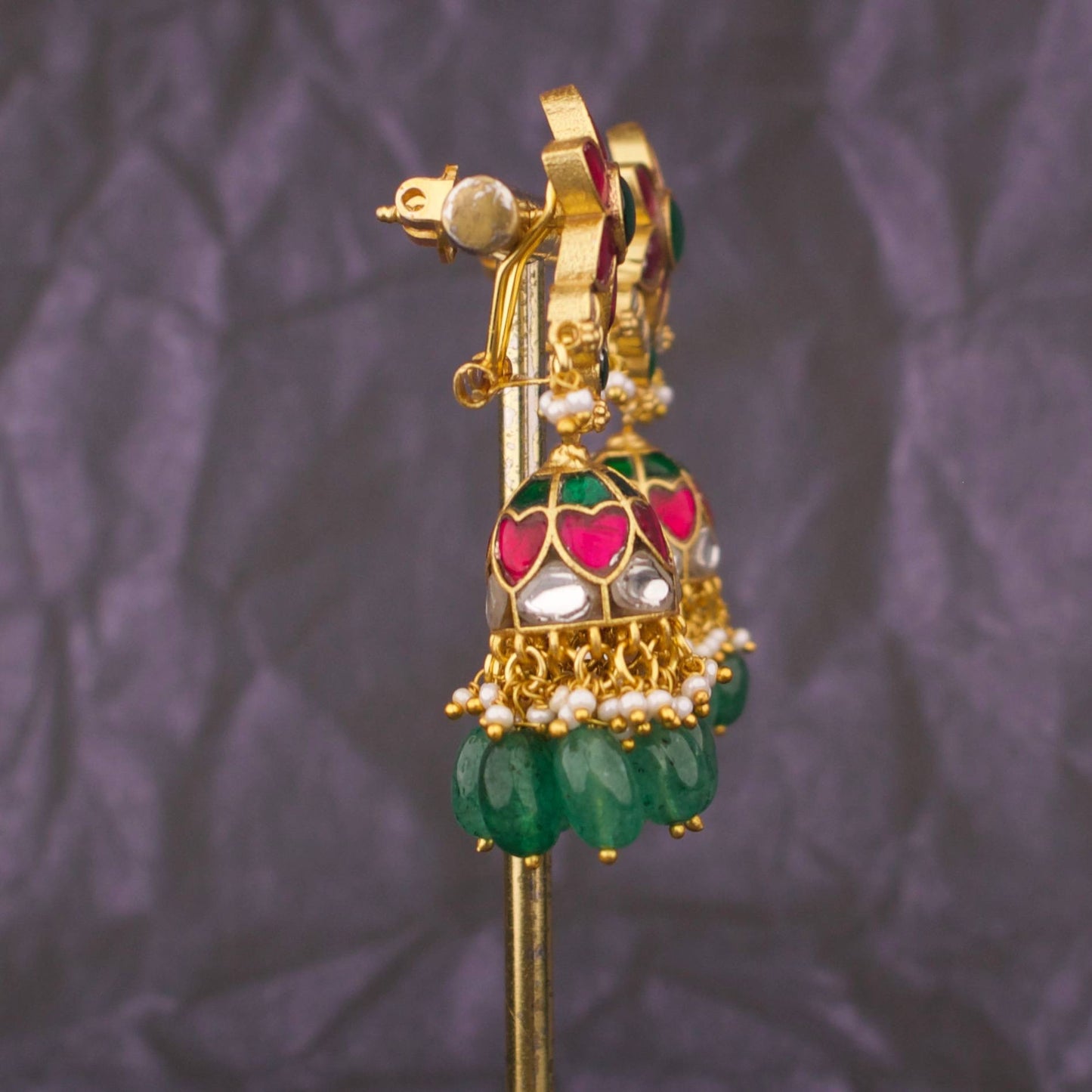 Beautiful Jadau Kundan Floral Jhumka Earrings With Green Beads