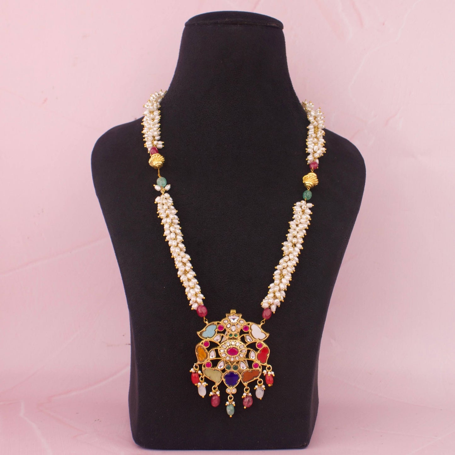 Navratna locket pearl chain necklace