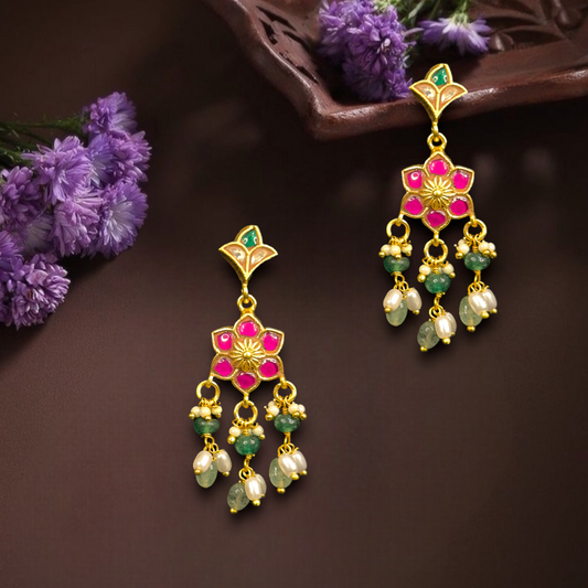 Charming Jadau Kundan Earrings with Rice Pearls and Beads
