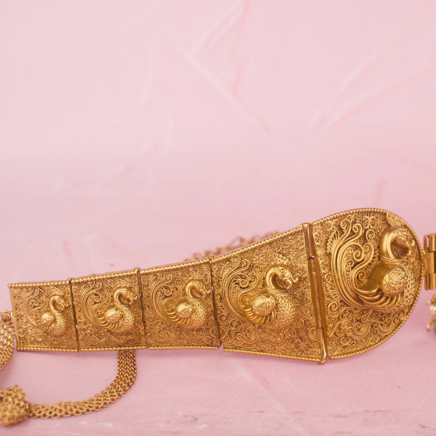 Temple Peacock Vaddanam Hip Belt With Pearls And Green Beads