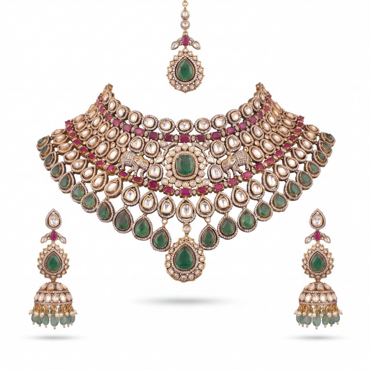 Bridal Victorian Polki Choker Set With Matching Earrings & Maangtika