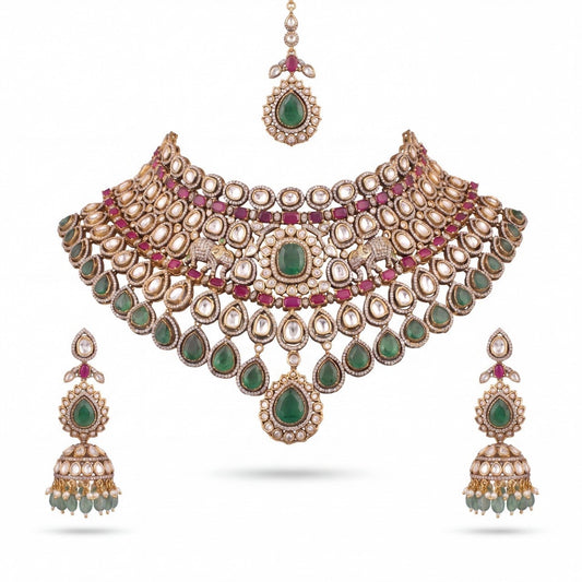 Premium antique gold Bridal Victorian Polki Choker Set With Matching Earrings & Maangtika
