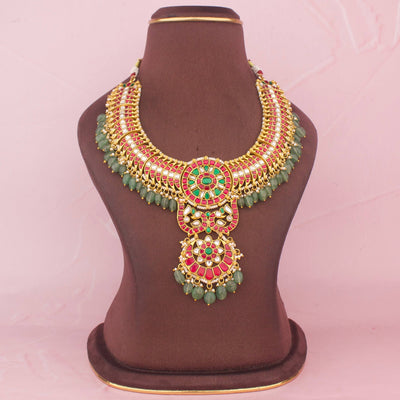 Majestic Bridal Jadau Kundan Necklace With Strawberry Beads