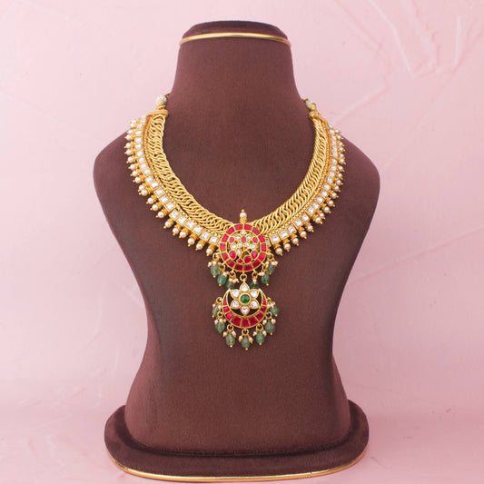 Traditional Jalebi Jadau Kundan Necklace With Emerald Beads