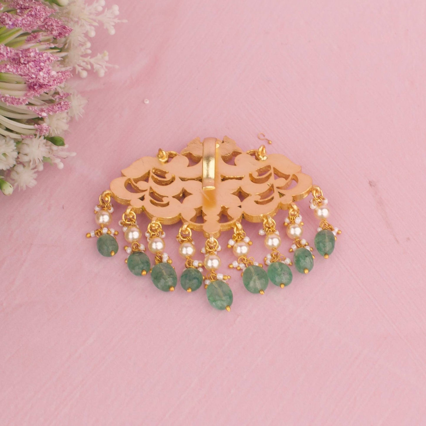 Designer Jadau Kundan Pendant With Pearl Drops And Green Beads