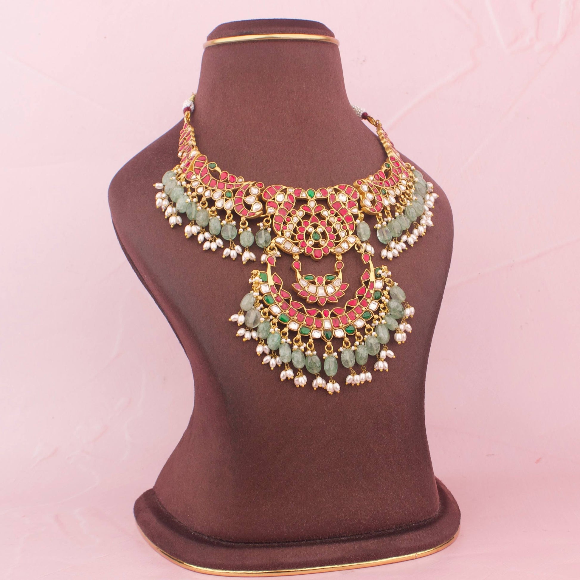 Close-Up Detail View of Traditional Gold Plated Jadau Kundan Necklaces – Must-Have Statement Jewelry | Dulhan Jewels