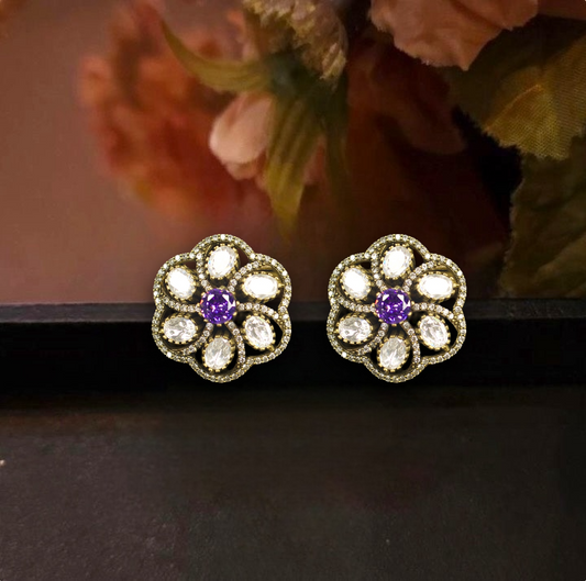 Trending Victorian Moissanite Studs in screw back style. This Victorian Jewellery is available in Ruby ,Emerald & Amethyst colour variants. 