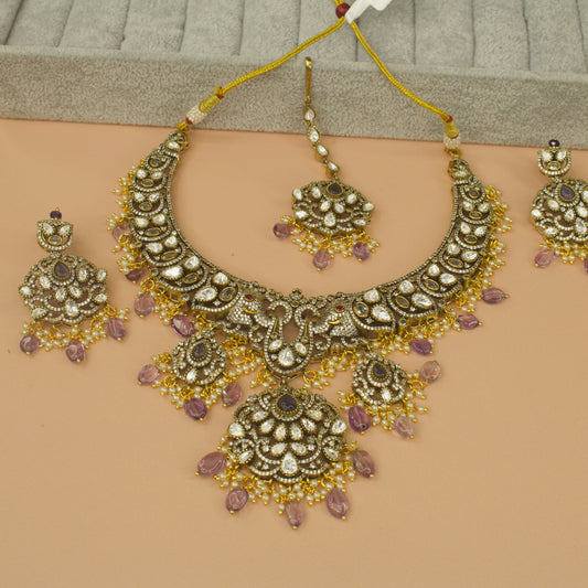 Victorian Polki Opulence Necklace Set with maang tikka finished in High Quality Victorian polish