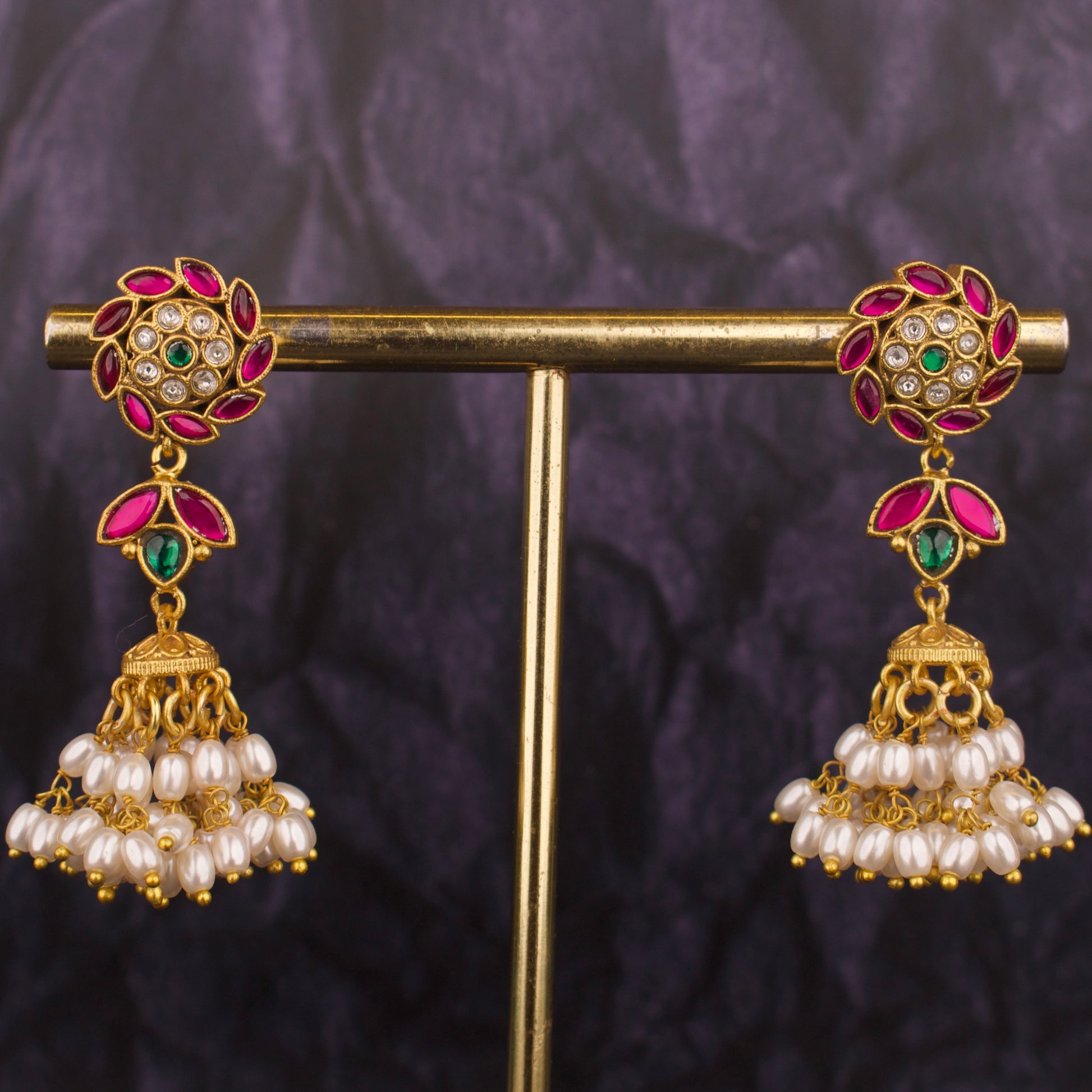 Surya Studded Jadau Kundan Jhumka With Ricepearl Hangings - DULHAN JEWELS