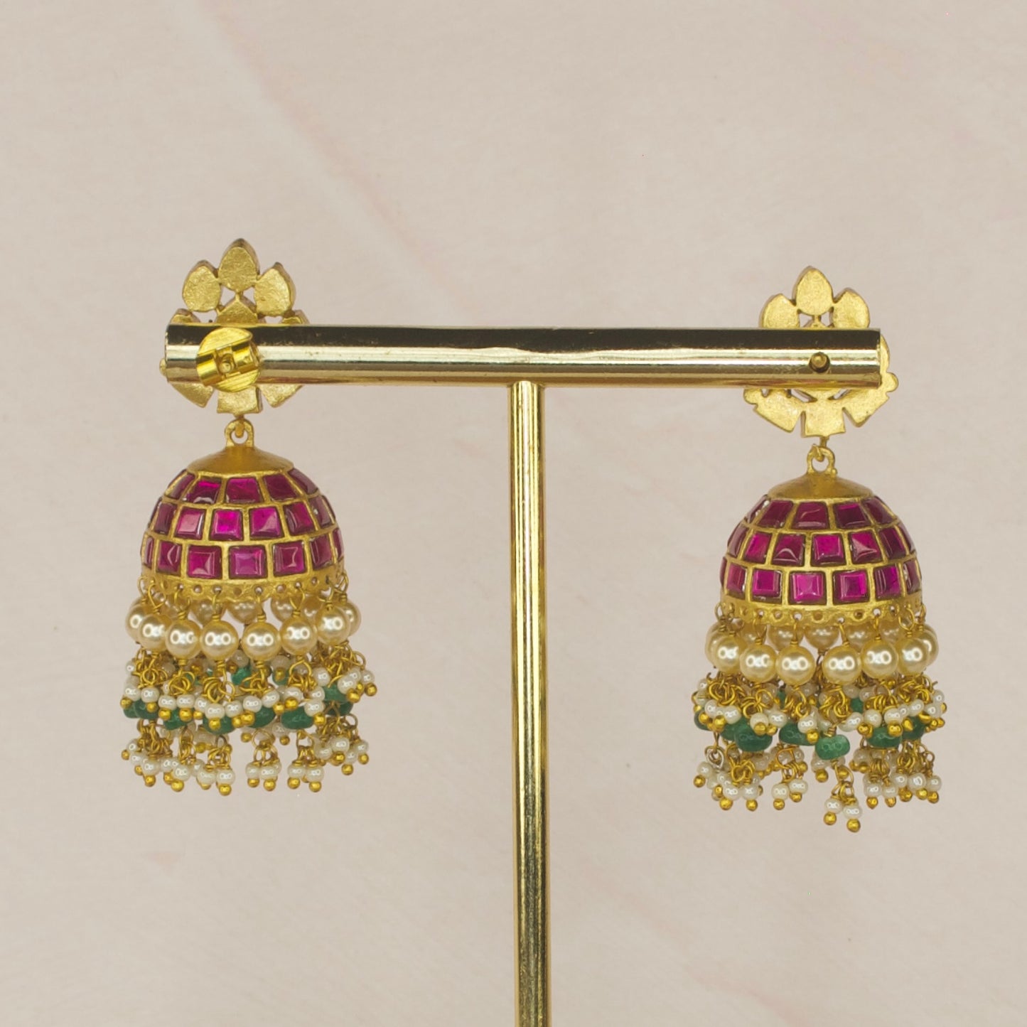 Regal Jadau Kundan Jhumki with Pearl and Green Bead Accents