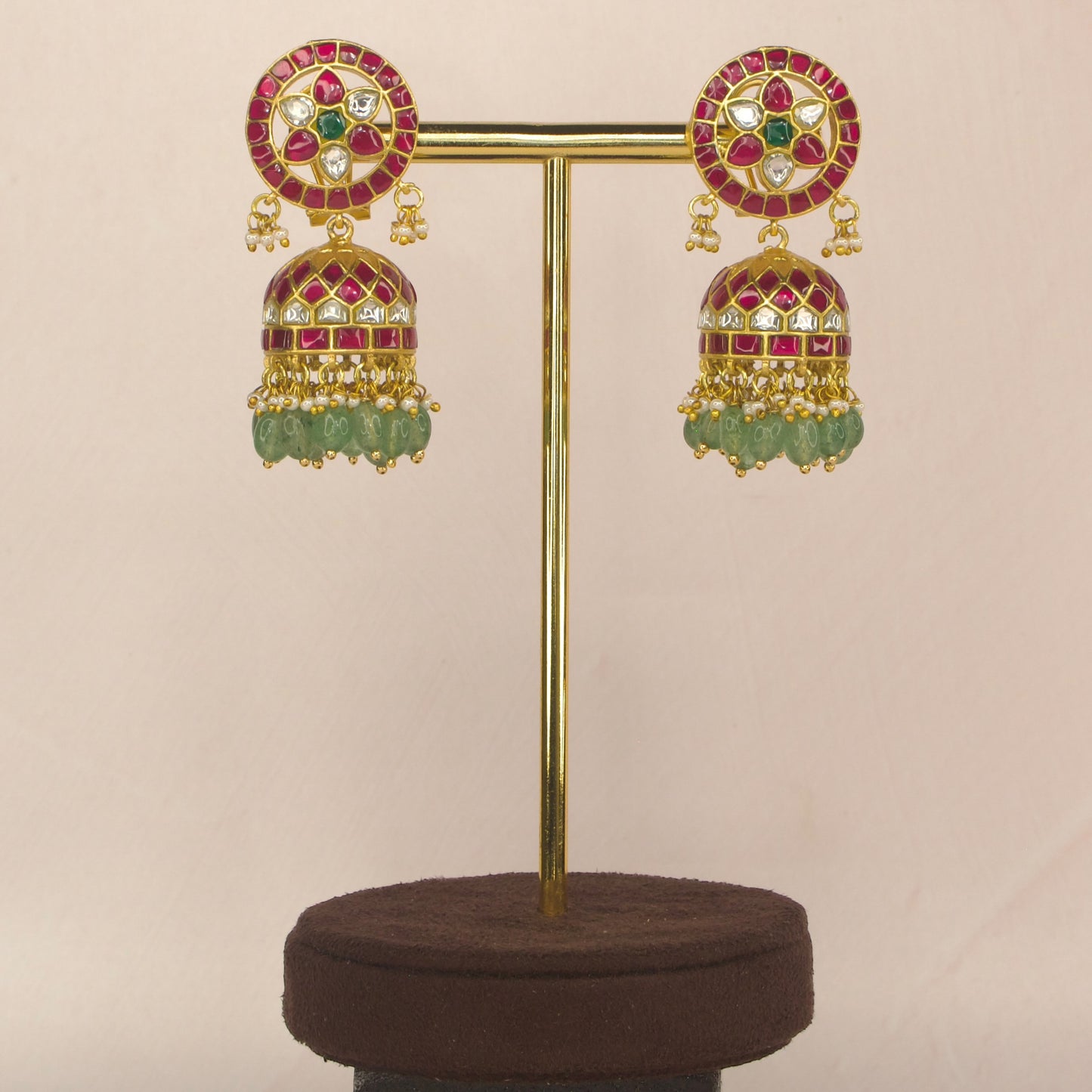 Radiant Floral Ruby Emerald Jadau Kundan Jhumka earrings with 22k Gold plating