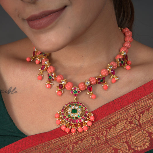 Jadau Kundan Coral Necklace Set with 22k gold plating This Product Belongs to Jadau Kundan Jewellery Category