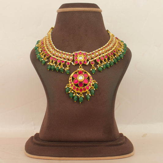 jadau kundan choker necklace with red stones and green bead fringe