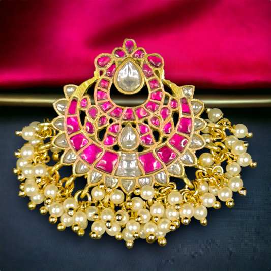 Exquisite Ruby Crescent Jadau Kundan Pendant in 22c gold plating This product belongs to Jadau Kundan Jewellery