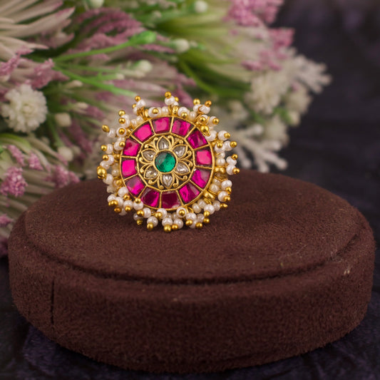 Jadau Kundan Finger Ring In Round Flower Design - DULHAN JEWELS